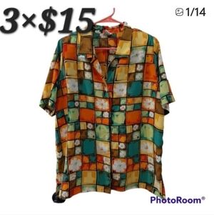 Women shirt  button down colorful floral Novelty Print Squares casual XL